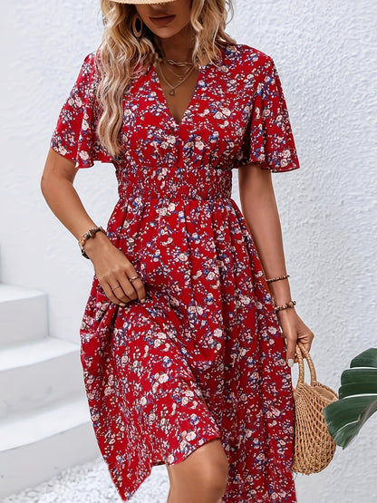 Feminines Boho-Damenkleid Mit V-Ausschnitt, Flatterärmeln, Leicht Und Atmungsaktiv, Ideal Für Den Sommer