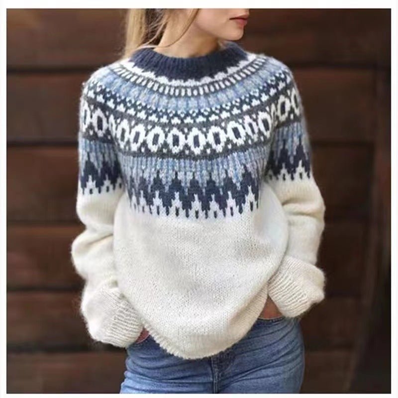 Women’s Crewneck Fair Isle Sweater Classic Winter Style