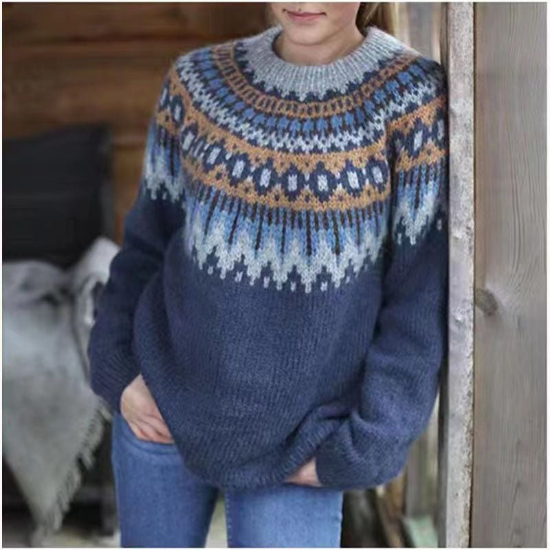 Women’s Crewneck Fair Isle Sweater Classic Winter Style