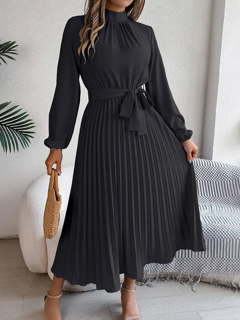 Women's Flattering Pleated Midi Dress with Belt