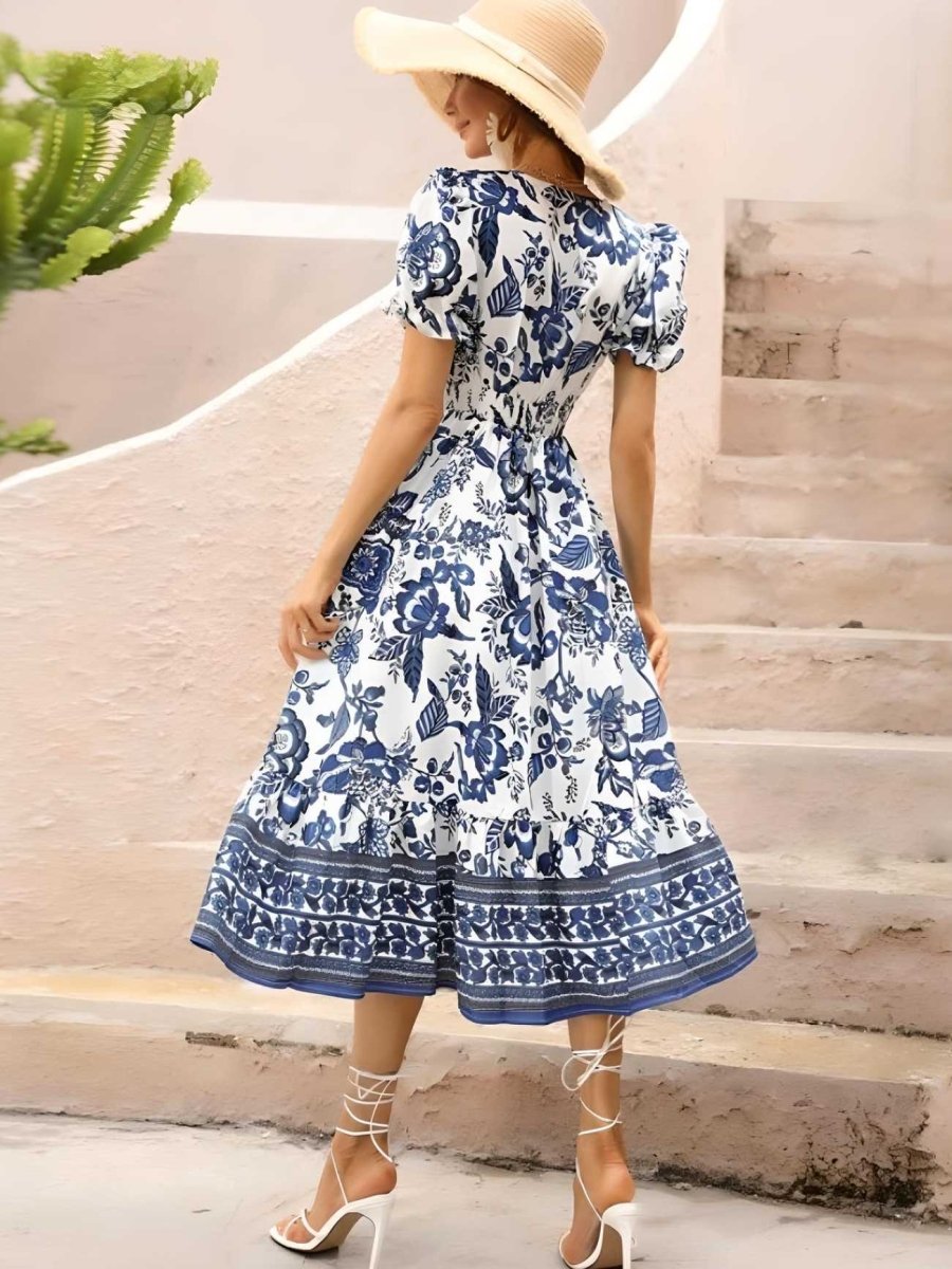 Blumendruck Damenkleid mit Geschwollenen Ärmeln und Etagenkragen für Hochzeitsgäste und Festliche Anlässe
