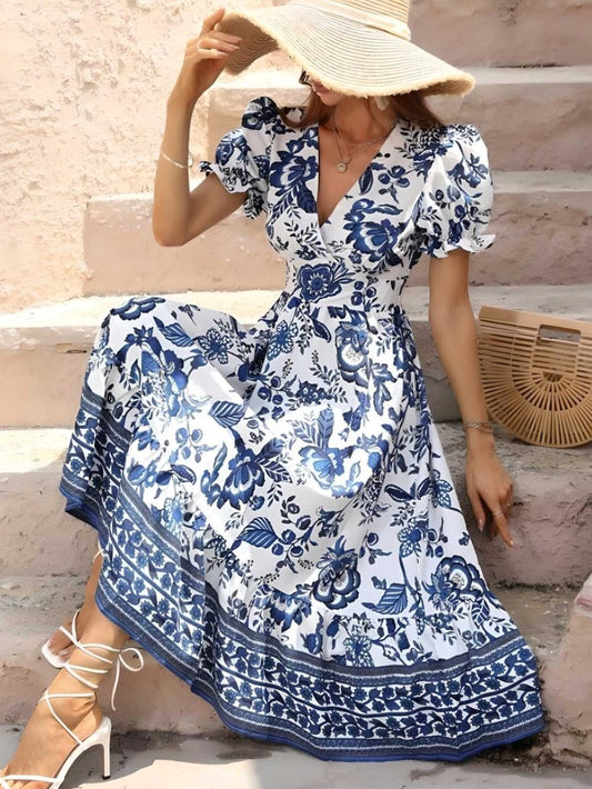 Blumendruck Damenkleid mit Geschwollenen Ärmeln und Etagenkragen für Hochzeitsgäste und Festliche Anlässe