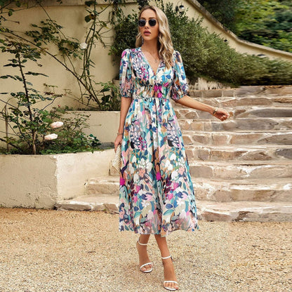Damen Sommermidi-Kleid Mit Puffärmeln Und Blumendruck – Elegantes Festliches Kleid Für Hochzeitsgäste Und Sommerveranstaltungen