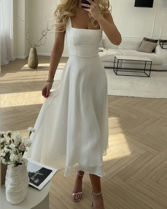 Elegantes Abendkleid aus Chiffon mit Eckigem Ausschnitt – Fließendes Kleid für Hochzeiten und Besondere Anlässe