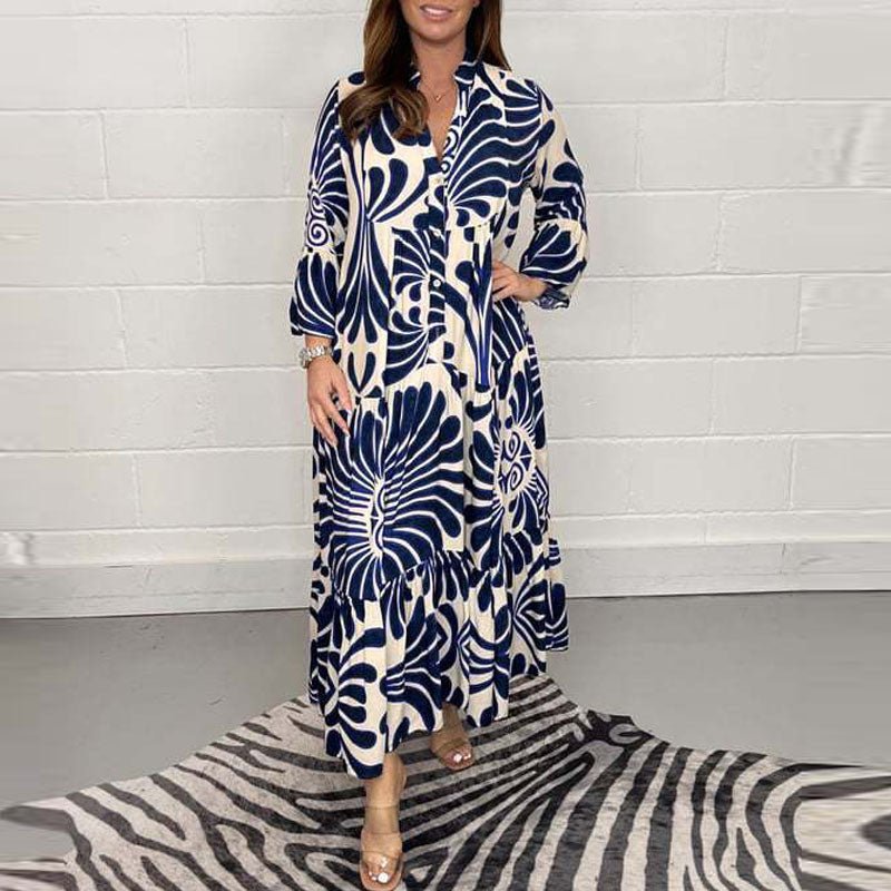 Elegantes Damenkleid Mit Anmutigem Druck, Locker Und Knielang Für Gartenpartys Und Strandspaziergänge