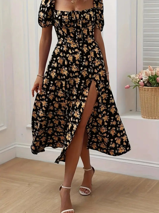 A-Linien Blumen-Sommerkleid mit Puffärmeln für Damen - Leichtes Festliches Kleid für Hochzeitsgäste