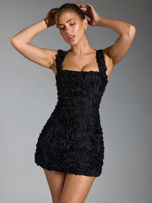 Variant image for Blumen-Mini-Kleid mit Hosenträgern und 3D-Blumen für Hochzeitsgäste – Festliche Kleider Damen für Sommerfeiern-3