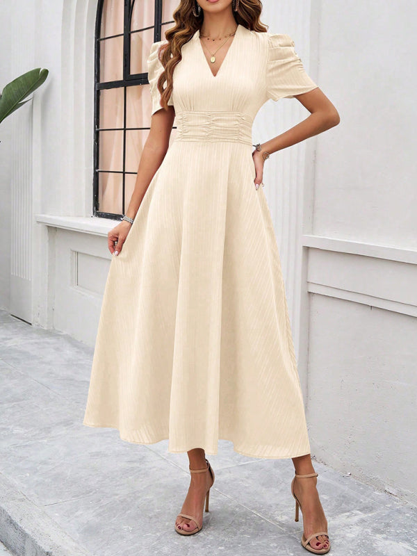Variant image for V-Ausschnitt A-Line Midi-Kleid mit Puffärmeln für Damen - Festliches Kleid für Hochzeitsgast und elegante Anlässe-3