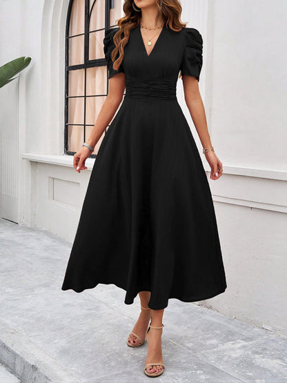 Variant image for V-Ausschnitt A-Line Midi-Kleid mit Puffärmeln für Damen - Festliches Kleid für Hochzeitsgast und elegante Anlässe-8