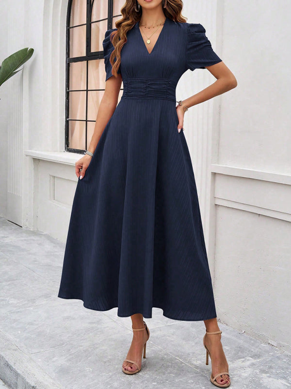 Variant image for V-Ausschnitt A-Line Midi-Kleid mit Puffärmeln für Damen - Festliches Kleid für Hochzeitsgast und elegante Anlässe-6