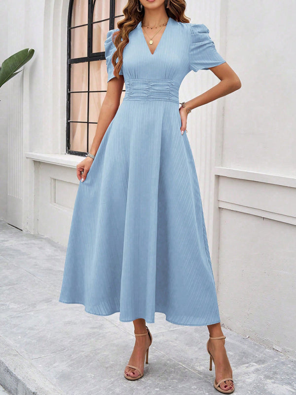 Variant image for V-Ausschnitt A-Line Midi-Kleid mit Puffärmeln für Damen - Festliches Kleid für Hochzeitsgast und elegante Anlässe-7