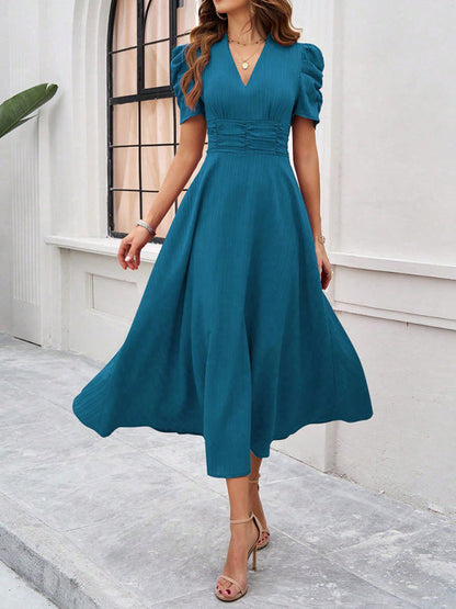 Variant image for V-Ausschnitt A-Line Midi-Kleid mit Puffärmeln für Damen - Festliches Kleid für Hochzeitsgast und elegante Anlässe-5