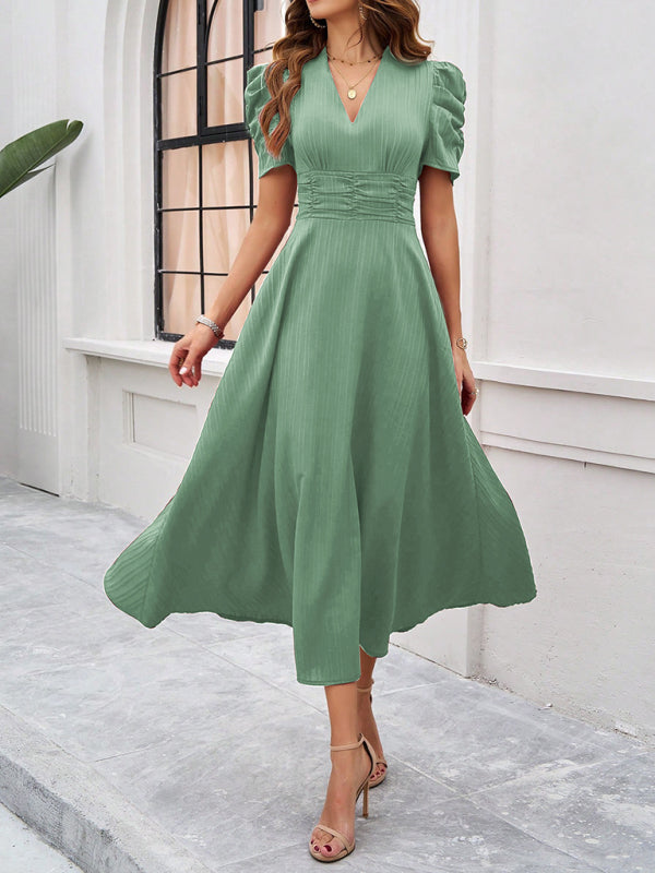 Variant image for V-Ausschnitt A-Line Midi-Kleid mit Puffärmeln für Damen - Festliches Kleid für Hochzeitsgast und elegante Anlässe-9