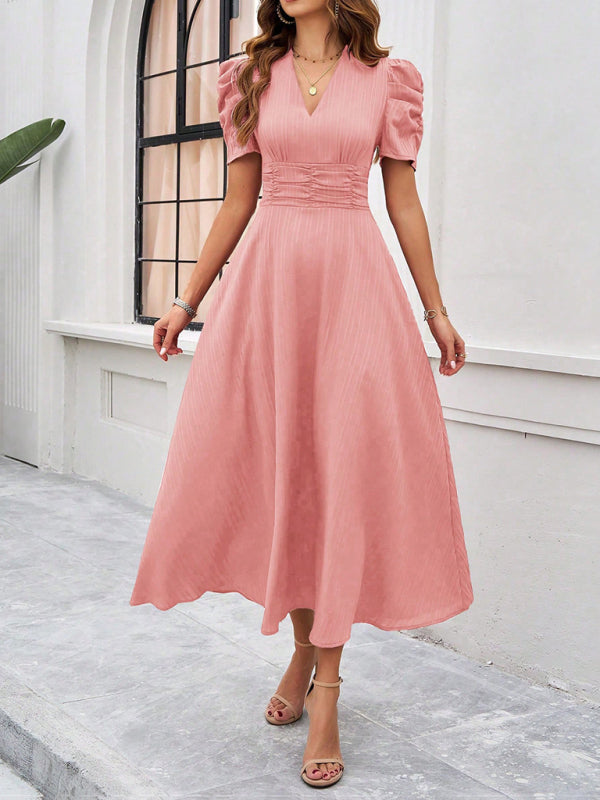 Variant image for V-Ausschnitt A-Line Midi-Kleid mit Puffärmeln für Damen - Festliches Kleid für Hochzeitsgast und elegante Anlässe-4