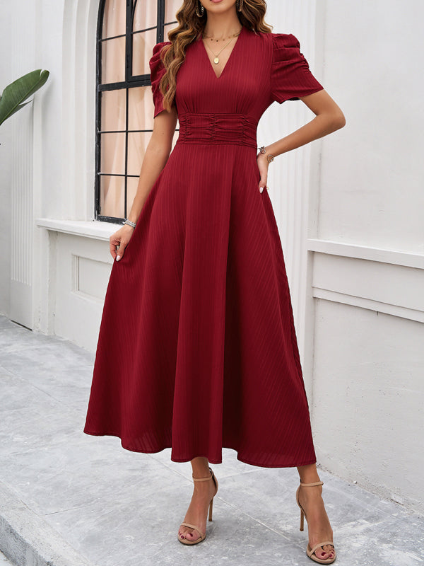 V-Ausschnitt A-Line Midi-Kleid mit Puffärmeln für Damen - Festliches Kleid für Hochzeitsgast und elegante Anlässe