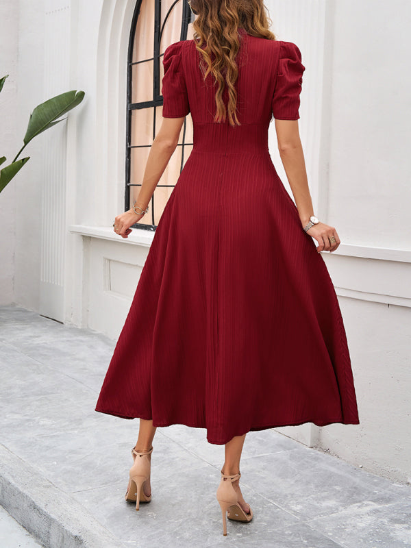 V-Ausschnitt A-Line Midi-Kleid mit Puffärmeln für Damen - Festliches Kleid für Hochzeitsgast und elegante Anlässe