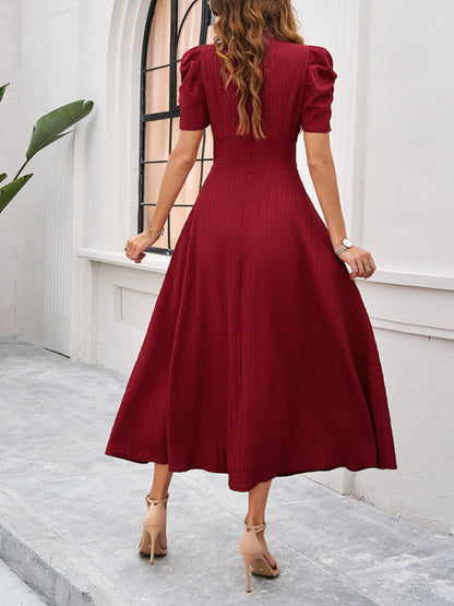 V-Ausschnitt A-Line Midi-Kleid mit Puffärmeln für Damen - Festliches Kleid für Hochzeitsgast und elegante Anlässe