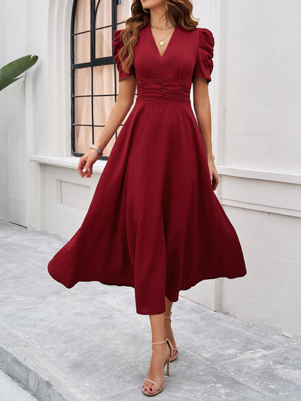 V-Ausschnitt A-Line Midi-Kleid mit Puffärmeln für Damen - Festliches Kleid für Hochzeitsgast und elegante Anlässe