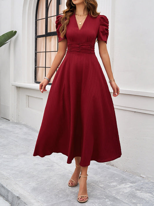 V-Ausschnitt A-Line Midi-Kleid mit Puffärmeln für Damen - Festliches Kleid für Hochzeitsgast und elegante Anlässe