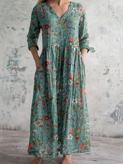 V-Ausschnitt Blumenkleid für Damen - Leichtes Festliches Kleid für Hochzeitsgast mit Schmeichelhafter Silhouette und Blumenmuster
