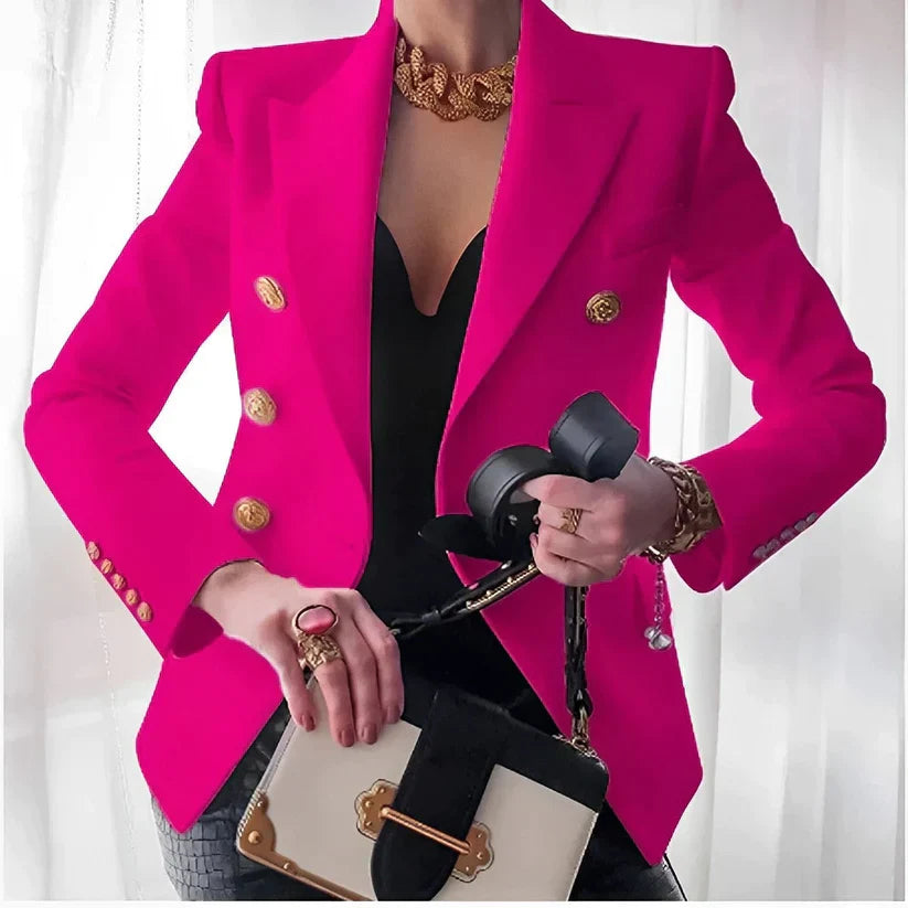 Women's Classic Black Blazer Double-Breasted Design with Gold Accents