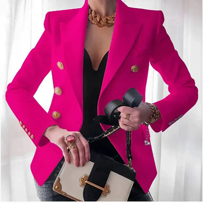 Women's Classic Black Blazer Double-Breasted Design with Gold Accents