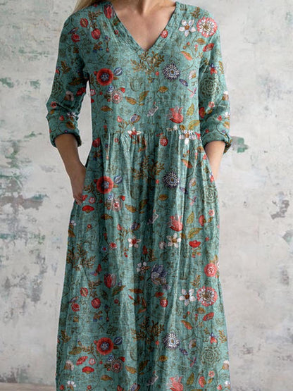 V-Ausschnitt Blumenkleid für Damen - Leichtes Festliches Kleid für Hochzeitsgast mit Schmeichelhafter Silhouette und Blumenmuster