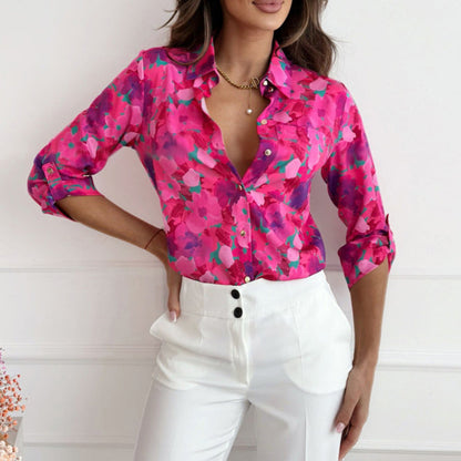 Blumenbluse Mit Spitzenkragen Und Dreiviertelärmeln Für Frauen – Bequeme Baumwoll-Polyester-Mischung-3