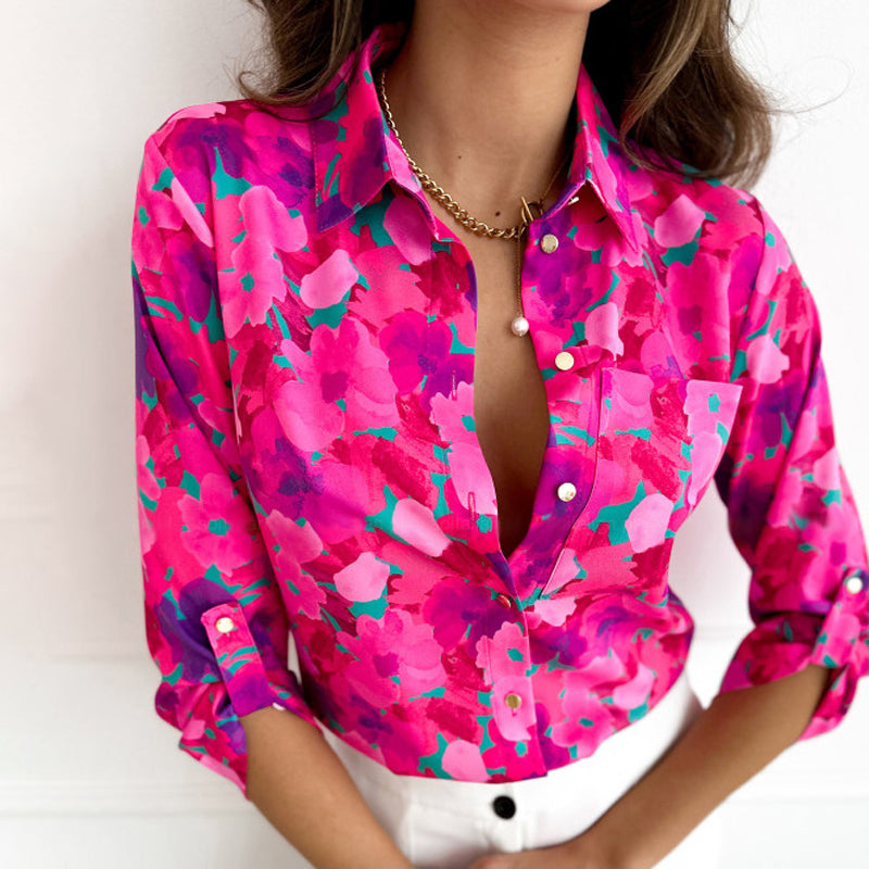 Blumenbluse Mit Spitzenkragen Und Dreiviertelärmeln Für Frauen – Bequeme Baumwoll-Polyester-Mischung-2