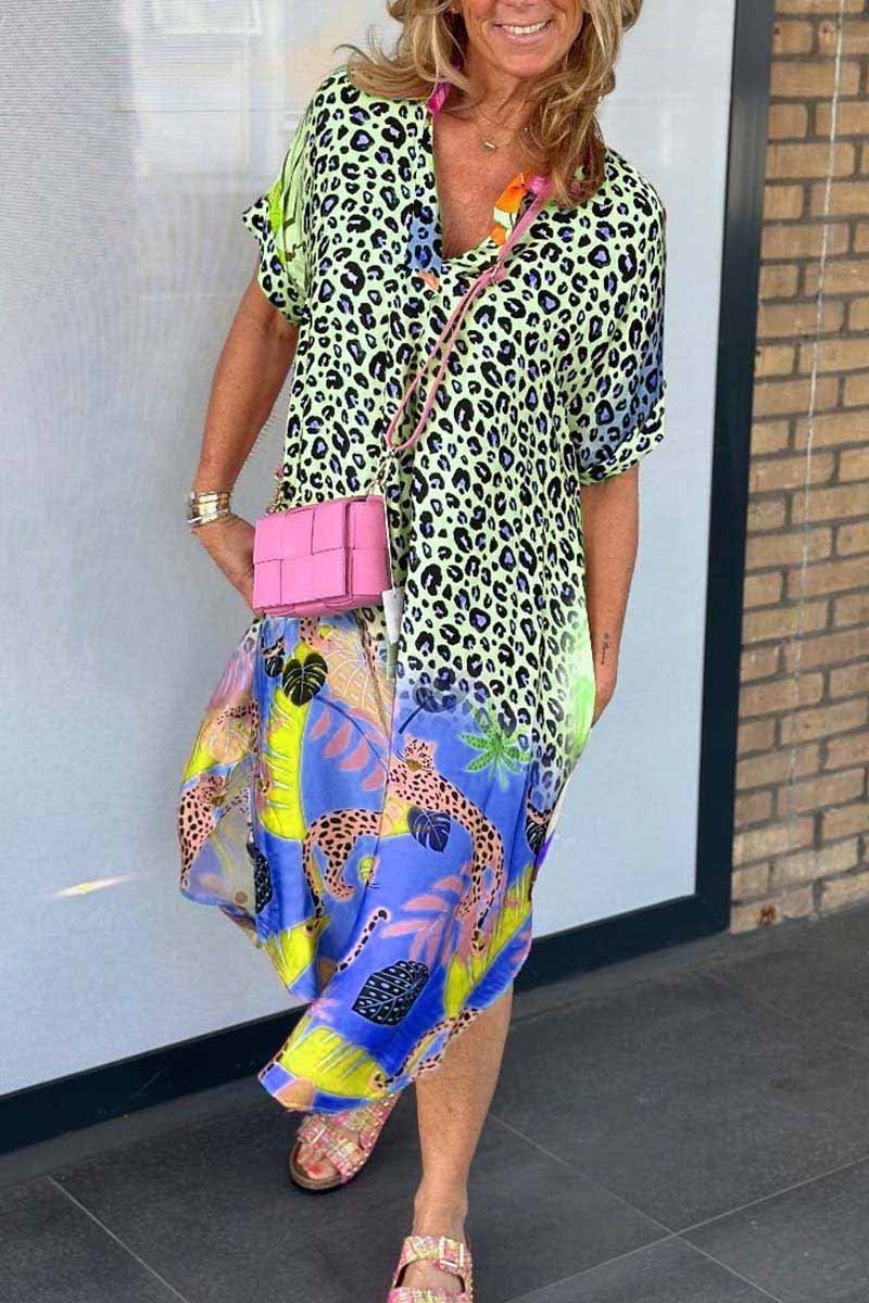 Variant image for Plus Size Damenkleid Kurzarm Leopardenmuster Für Lässige Und Semi-Formale Anlässe-17