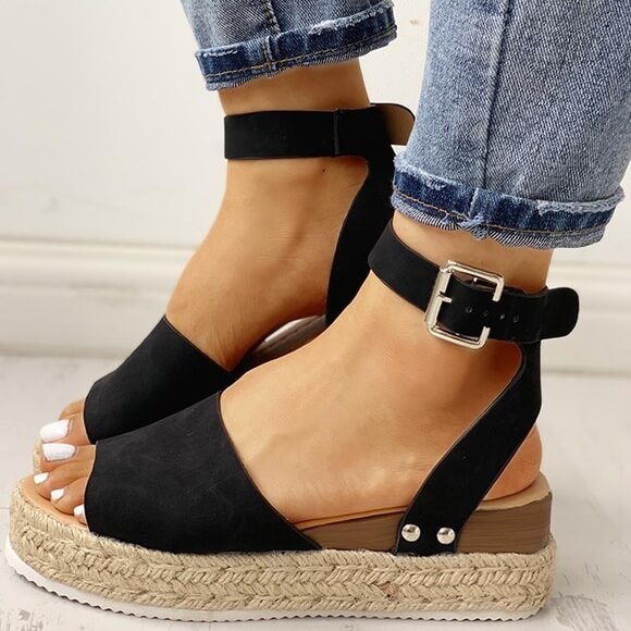 Frauen Kunstleder Plattformsandalen Mit Verstellbaren Knöchelgurten Und Offener Spitze – Sommer Sandalen Damen, 2 Zoll Espadrille-Höhe