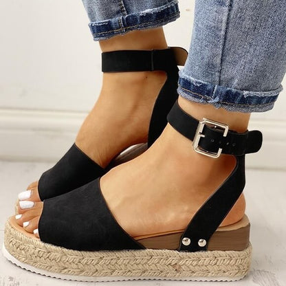 Frauen Kunstleder Plattformsandalen Mit Verstellbaren Knöchelgurten Und Offener Spitze – Sommer Sandalen Damen, 2 Zoll Espadrille-Höhe