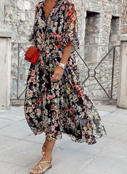 Komfortables Damenkleid mit V-Ausschnitt und Blumenmuster – Hochwertiger Stoff, Normale Passform, Vielseitiger Stil für Frühling und Sommer