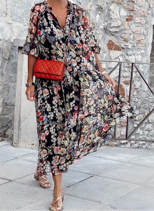 Komfortables Damenkleid mit V-Ausschnitt und Blumenmuster – Hochwertiger Stoff, Normale Passform, Vielseitiger Stil für Frühling und Sommer