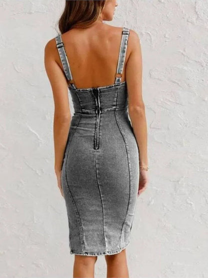 Wäsche Denim Midi-Kleid Damen mit Verstellbaren Trägern, Bodycon-Passform, Seitenschlitz und Tiefem Rundhalsausschnitt