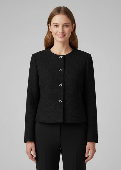 Damen Strickjacke mit Schleifenknöpfen und Rundhalsausschnitt