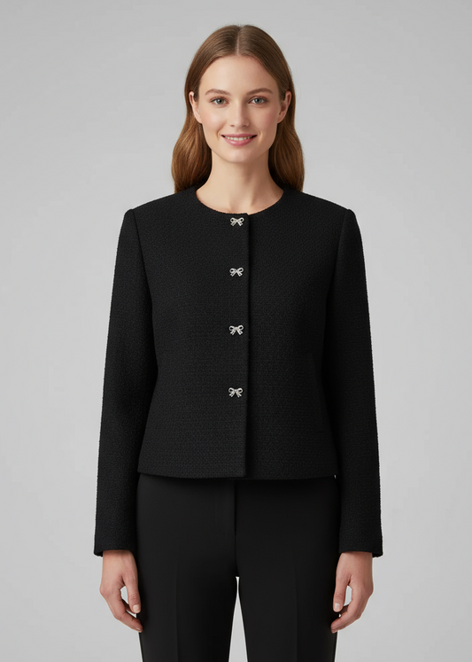 Damen Strickjacke mit Schleifenknöpfen und Rundhalsausschnitt