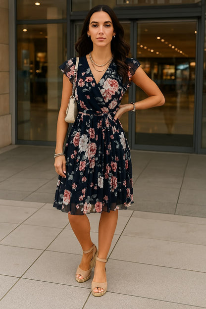 Elegantes Blumenwickelkleid für Damen – Leichtes Sommerkleid für Hochzeitsgäste, knielanges festliches Kleid