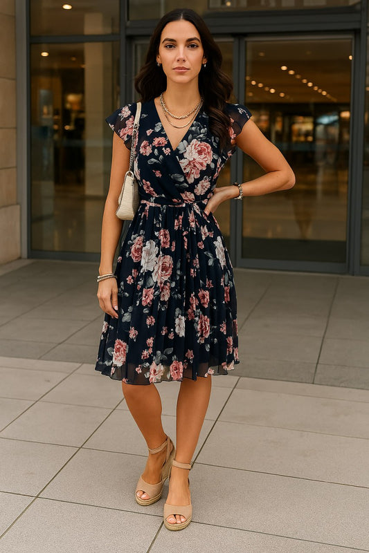 Elegantes Blumenwickelkleid für Damen – Leichtes Sommerkleid für Hochzeitsgäste, knielanges festliches Kleid