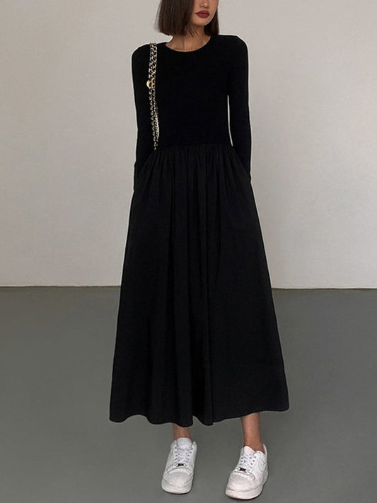 Langarm Damenkleid mit Taschen, Elegantes Knielanges Kleid für Festliche und Lässige Anlässe