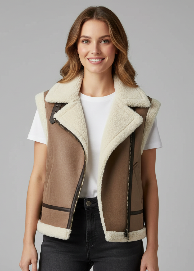 Damen Übergangs Teddyweste mit Reißverschluss und Umlegekragen