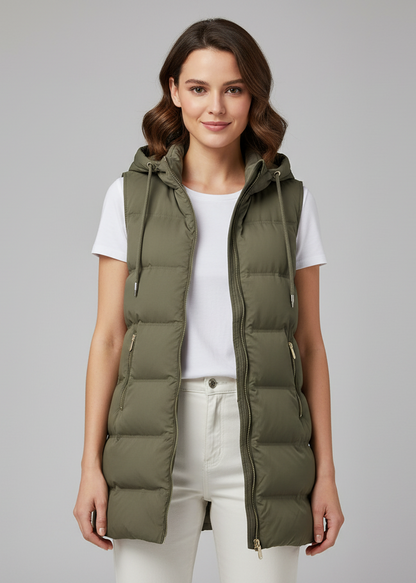 Damen Lange Steppweste mit Kapuze und Reißverschluss