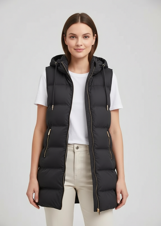 Damen Lange Steppweste mit Kapuze und Reißverschluss