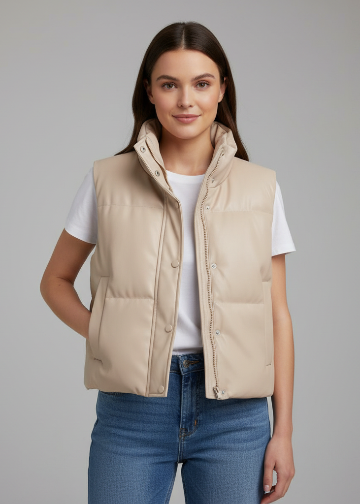 Damen Steppweste mit hohem Kragen und Druckknöpfen