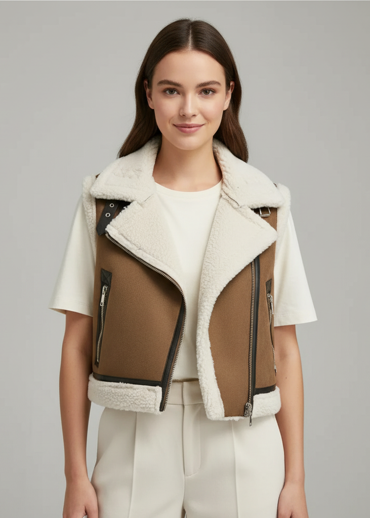 Damen Teddyweste mit breitem Kragen und Reißverschlussdetails