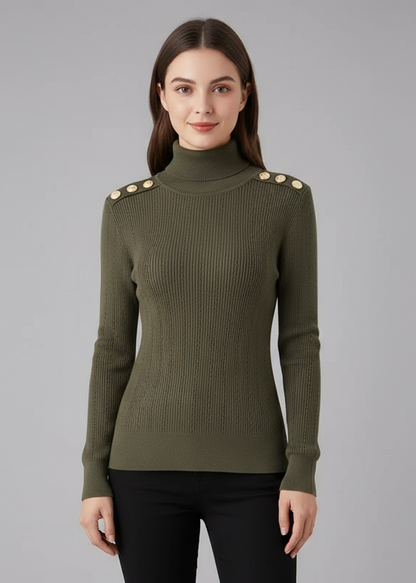 Damen Feinstrickpullover mit Stehkragen und Zierknöpfen