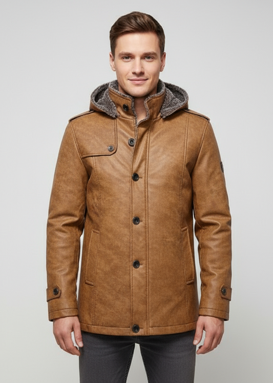 Mittellange Herrenjacke mit Knöpfen und Stehkragen