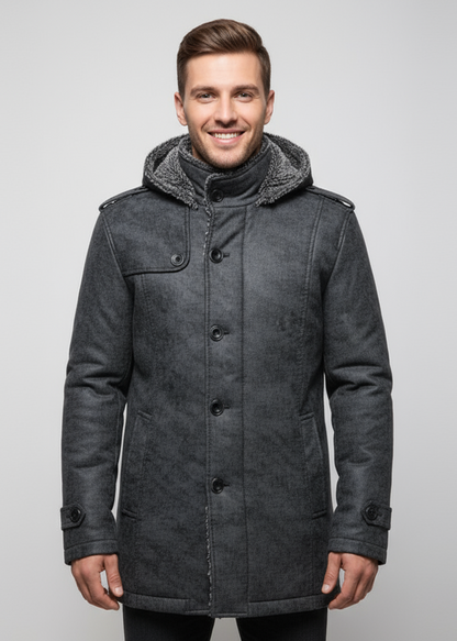 Mittellange Herrenjacke mit Knöpfen und Stehkragen