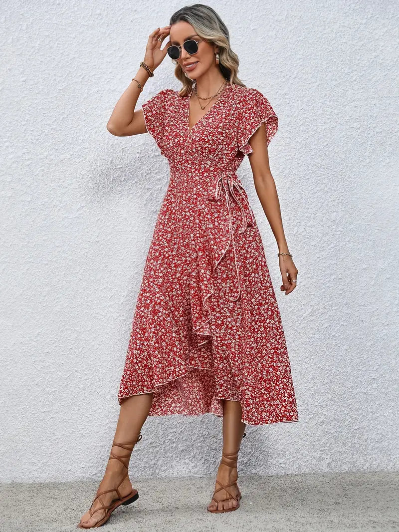 Elegantes Damenkleid Mit Flutterärmeln Und Wickeldetails - Ideal Für Hochzeitsgäste Und Festliche Anlässe
