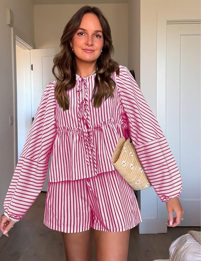 Variant image for Damen Loungewear Set Mit Kariertem Design, Hohe Taillenshorts Und Langen Puffärmeln Für Den Sommer-11
